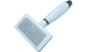 Brosse Auto-nettoyante pour Chien & Chat Brosse slicker bleu auto-nettoyante pour chien et chat, avec poignée, bouton de nettoyage, et design ergonomique.