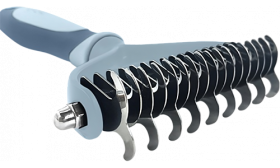 Peigne Démêlant pour Chien Râteau démêloir bleu pour chien et chat, lames inox et poignée ergonomique, pour un toilettage confortable.