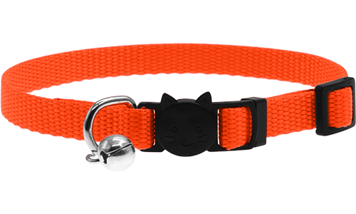 Collier réglable orangepour chat, léger, avec boucle de sécurité motif chat et petite clochette argentée.