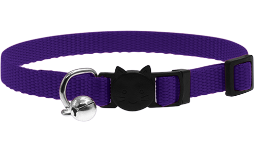 Collier réglable violet pour chat, léger, avec boucle de sécurité motif chat et petite clochette argentée.