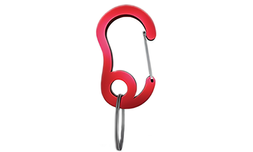 Red snap hook carabiner with small split ring, durable, 16mm x 27mm, for securing dog tags or accessories to collars.
