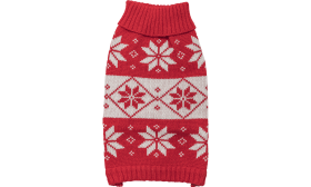 Printed Winter Sweater for Dogs Red winter sweater for dogs with white snowflake pattern, washable, light flexibility for easy movement.
