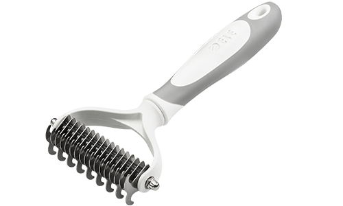 Dog Dematting Rake Comb White dog dematting rake comb with stainless steel blades and an ergonomic handle, to remove tangles and reduce shedding.