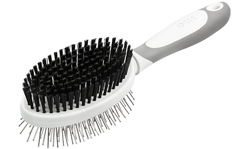 Double Sided Dog Brush Double-sided dog brush with ergonomic handle, with soft bristles on one side and metal pins on the other for dual grooming.