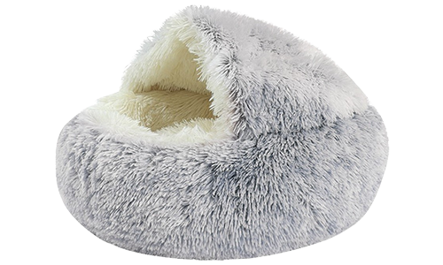Slipper Pet Bed Slipper-shaped pet bed in grey with a fluffy interior, soft material, cosy, enclosed space for pets to rest.