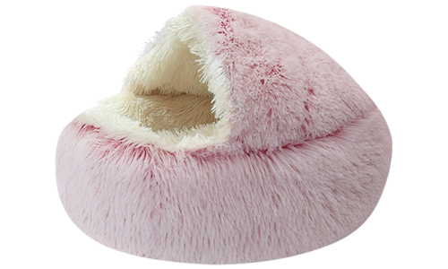 Lit pour animal en forme de chausson, rose, intérieur moelleux, matériau doux, espace clos pour un repos confortable.