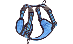 Stylish Breathable Dog Harness Stylish blue breathable nylon dog harness with adjustable straps, perfect fit with quick-release buckles.