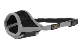 Soft Padded Adjustable Dog Muzzle Soft padded adjustable dog muzzle in grey, lightweight nylon material, designed for comfort and secure fit.