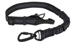 Reflective black safety seat belt dog leash, 55 - 65 cm length, adjustable strap, with metal clip for secure car travel.