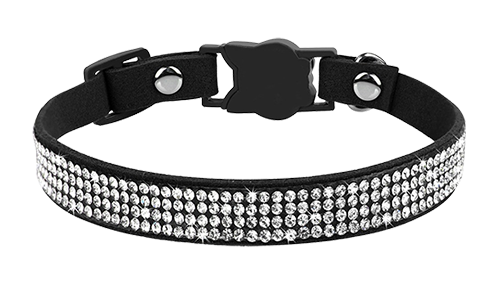 Luxury Breakaway Cat Collar with Crystals Luxury black breakaway cat collar with crystals, adjustable and lightweight for comfort, cat-shaped buckle and a bell.