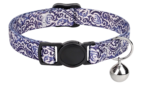 Bohemian Style Breakaway Cat Collar Bohemian-style breakaway cat collar with blue and white pattern, adjustable and lightweight, with silver bell.