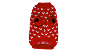 Printed Heart Sweater for Dogs Dog wearing a cosy red sweater with white heart patterns, warm and snug fit, high-quality acrylic fibers.