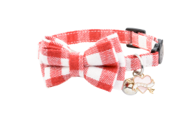 Bow Tie Cat Collar with Bell and Heart Charm Red and white checkered bow tie cat collar with a bell and heart 'love' charm, soft and adjustable fabric for comfort.