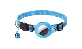 Collier Réfléchissant Anti Étranglement pour Chat avec Emplacement AirTag Collier réfléchissant bleu pour chat avec support AirTag, ajustable, léger et confortable, avec cloche bleue.