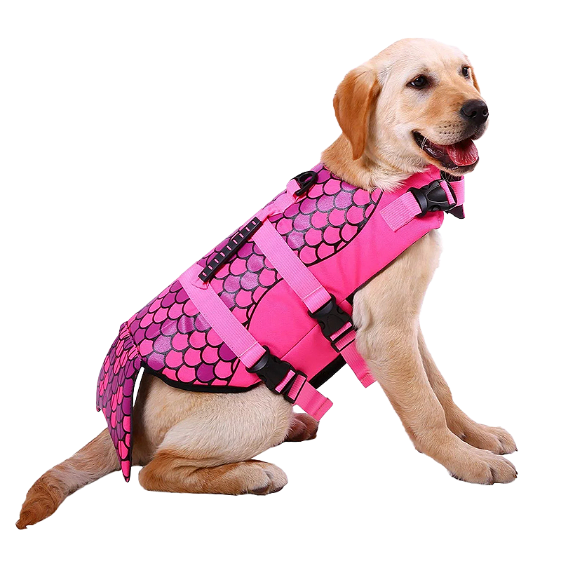 Mermaid Dog Life Jacket Mermaid-themed dog life jacket in pink with scale pattern, for flotation. Suitable for different types of dogs.