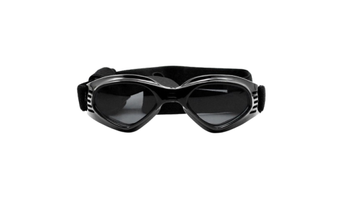 Black dog sunglasses with UV-protection, dark tinted lenses for eye safety and a stylish look. For outdoor adventures.