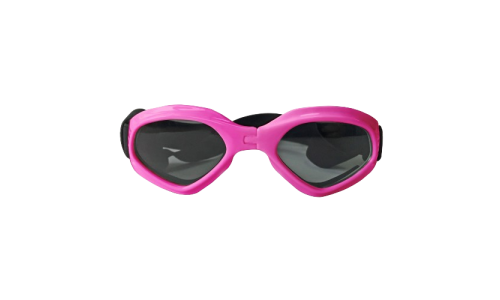 Pink dog sunglasses with UV-protection, dark tinted lenses for eye safety and a stylish look. For outdoor adventures.
