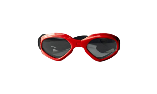 Red dog sunglasses with UV-protection, dark tinted lenses for eye safety and a stylish look. For outdoor adventures.