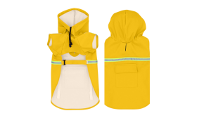 Waterproof Dog Raincoat with Reflective Strip Shiba Inu in a waterproof yellow raincoat with reflective strips, easy on and off straps, with storage pocket.