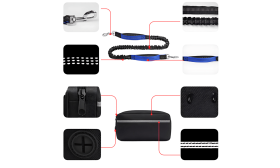 Hands Free Dog Leash with Adjustable Waist Belt and Pouch Blue hands-free dog leash with key features: reflective stitches, adjustable waist belt, storage pouch, 27 to 48 inches.