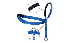 No Pull Dog Head Collar with Padded Nose Loop Blue no-pull dog head collar with adjustable black strap and padded nose loop, to prevent pulling during walks, size medium.