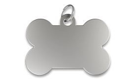 Engraved Bone Dog Tag Silver bone shaped dog tag with smooth finish, with a silver ring, customizable with engraved dog name.