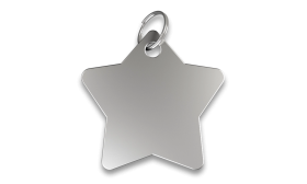 Engraved Star Dog Tag Silver star shaped dog tag with smooth finish, with a silver ring, customizable with engraved dog name.