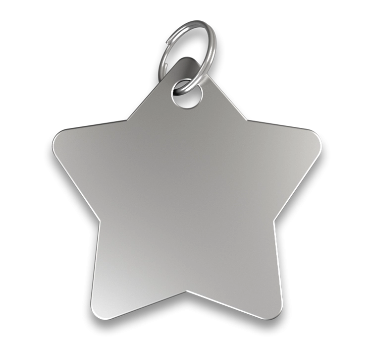 Médaille Étoile Gravée Médaille chien étoile argentée, finition lisse, avec anneau en argent, personnalisable avec le nom du chien gravé.