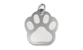 Engraved Paw Dog Tag Silver paw shaped dog tag with smooth finish, with a silver ring, customizable with engraved dog name.