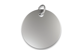 Engraved Circle Dog Tag Silver round shaped dog tag with smooth finish, with a silver ring, customizable with engraved dog name.