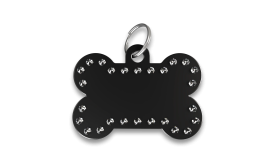 Luxury Bone Dog Tag Black luxury bone shaped dog tag with rhinestones and silver ring, customizable with personalized dog name.