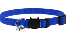 Essential Breakaway Cat Collar Adjustable breakaway cat collar in blue, lightweight, with a safety buckle with cat design and a small silver bell.
