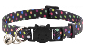 Fun Pattern Breakaway Cat Collar Black breakaway cat collar with polka dots and a bell, adjustable and lightweight, safe and stylish.