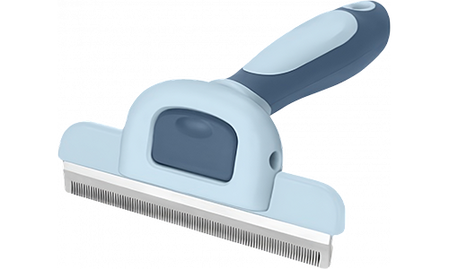 Peigne de Toilettage pour Chien Main tenant une brosse de toilettage bleue pour chien avec poignée ergonomique, montrant le design confortable.
