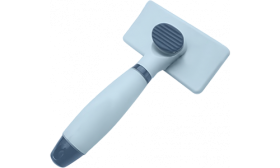 Brosse Auto-nettoyante pour Chien & Chat Brosse slicker bleu auto-nettoyante pour chien et chat, avec poignée, bouton de nettoyage, et poils doux pour le confort.
